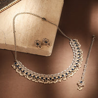 Saloni Fashion Jewellery Lavish Pear Shape Pearl Guchha Antique Gold Plated Blue Uncut Kundan Stone Choker Necklace Set With Maangtikka For Women and Girls