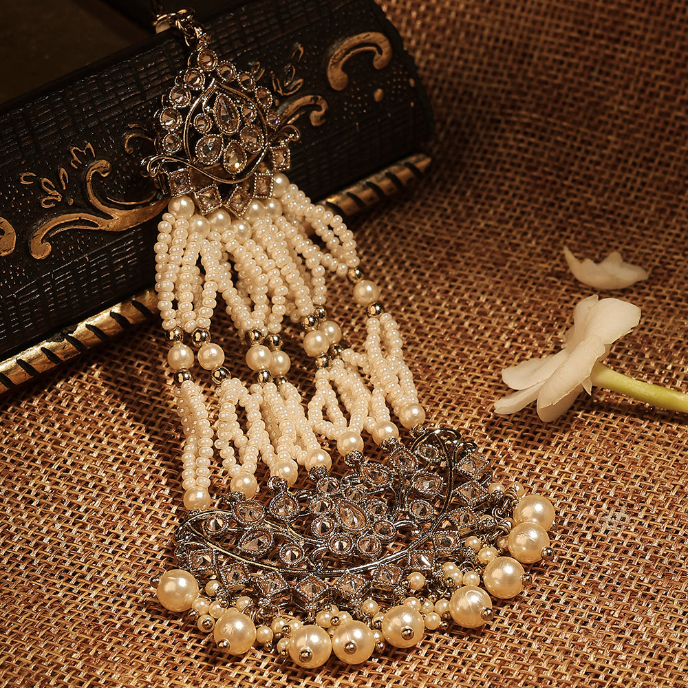 Saloni Fashion Jewellery Pretty Flower and Leaf Design Gold Plated Lariat Pearl Ruby Kundan Stone Passa/Matha Patti For Women and Girls