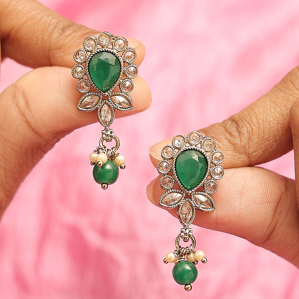Saloni Fashion Jewellery Ethnic Oval and Leaf Design Gold Plated Green Kundan Stone Dangle Earring For Women and Girls