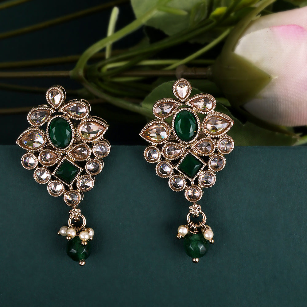 Saloni Fashion Jewellery Lovely Flower Design Green Uncut Kundan Stone Mother of Pearl Antique Gold Plated Dangle Earring For Women and Girls