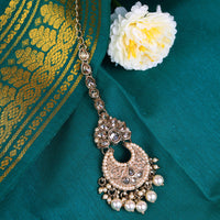 Saloni Fashion Jewellery Traditional Oval and Chandelier Shape Silver Gold Plated Set of 2 Combo Maang Tikka For Women