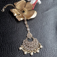 Saloni Fashion Jewellery Glamorous Chandelier Shape Mother of Pearl Brown Uncut Kundan Stone Antique Gold Plated Maang Tikka For Women and Girls