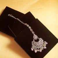 Saloni Fashion Jewellery Glimmery Chandelier Shape Mother of Pearl Pink Uncut Kundan Stone Antique Gold Plated Maang Tikka For Women and Girls