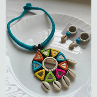 Handmade For Her  Mirror Work Tribal Necklace Set with Cowrie Shells & Earrings | Boho Handmade Jewelry