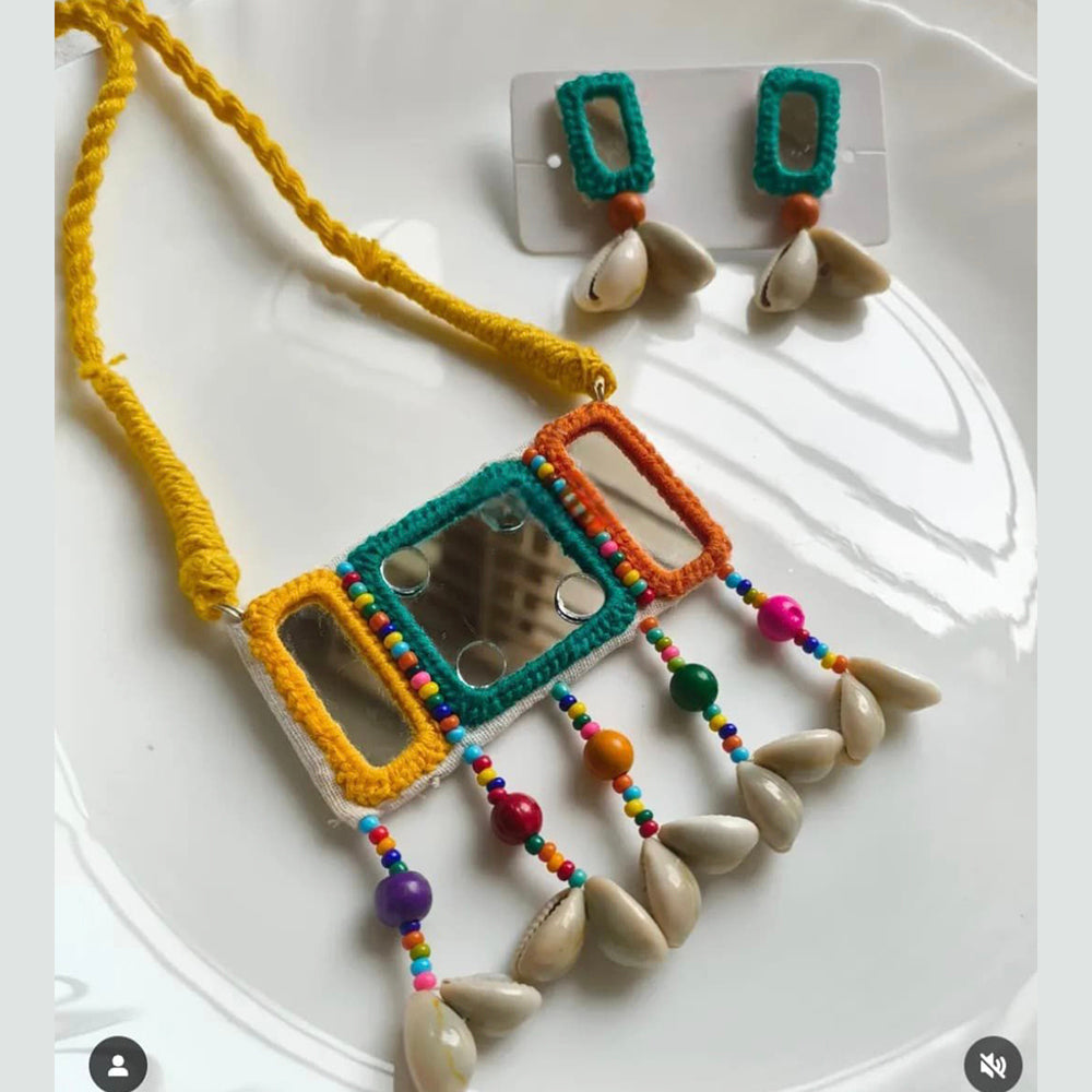 Handmade For Her  Colorful Beaded Mirror Work Necklace Set with Cowrie Shells | Handmade Tribal Jewelry