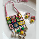 Handmade For Her  Navratri Mirror Work Necklace Set with Cowrie Shells & Pom-Poms | Handmade Boho Garba Jewelry
