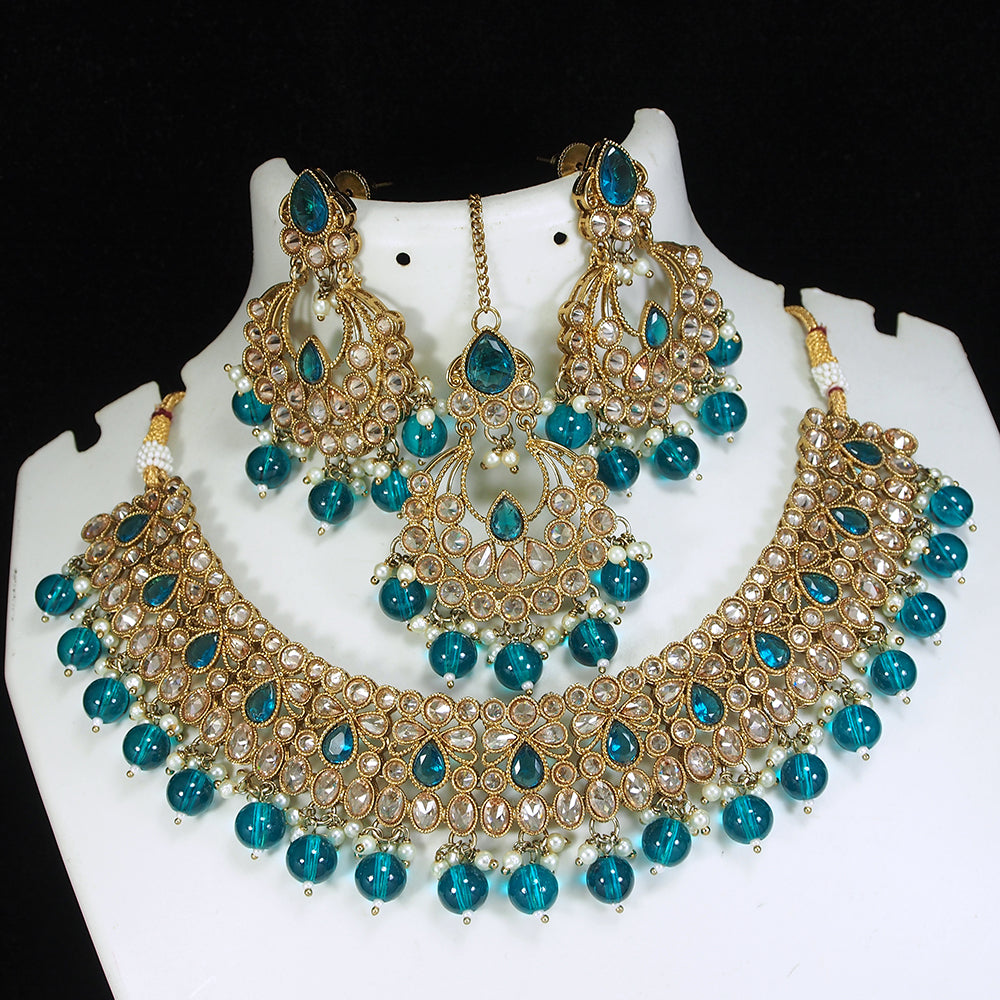 LALSO Designer Mehendi Gold plated AD/Zircon Work Necklace Jewelry Set With Maangtika