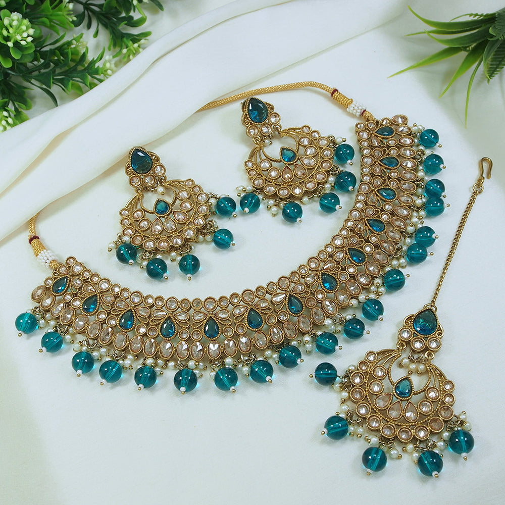 LALSO Designer Mehendi Gold plated AD/Zircon Work Necklace Jewelry Set With Maangtika