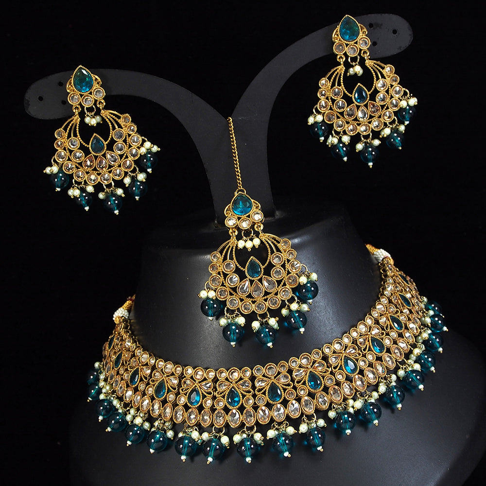 LALSO Designer Mehendi Gold plated AD/Zircon Work Necklace Jewelry Set With Maangtika