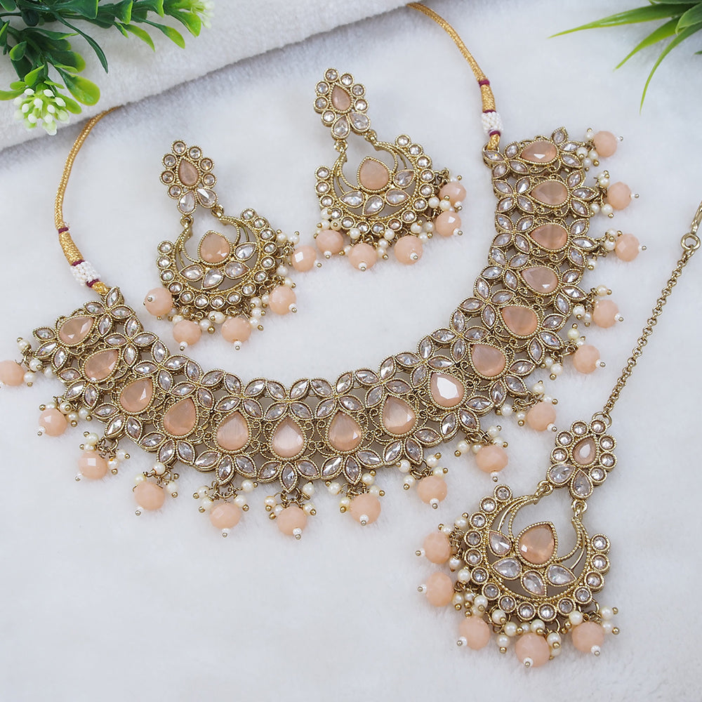 LALSO Designer Mehendi Gold plated AD/Zircon Work Necklace Jewelry Set With Maangtika