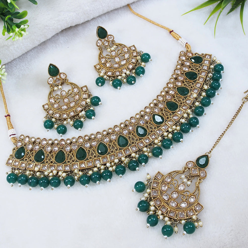LALSO Designer Mehendi Gold plated AD/Zircon Work Necklace Jewelry Set With Maangtika