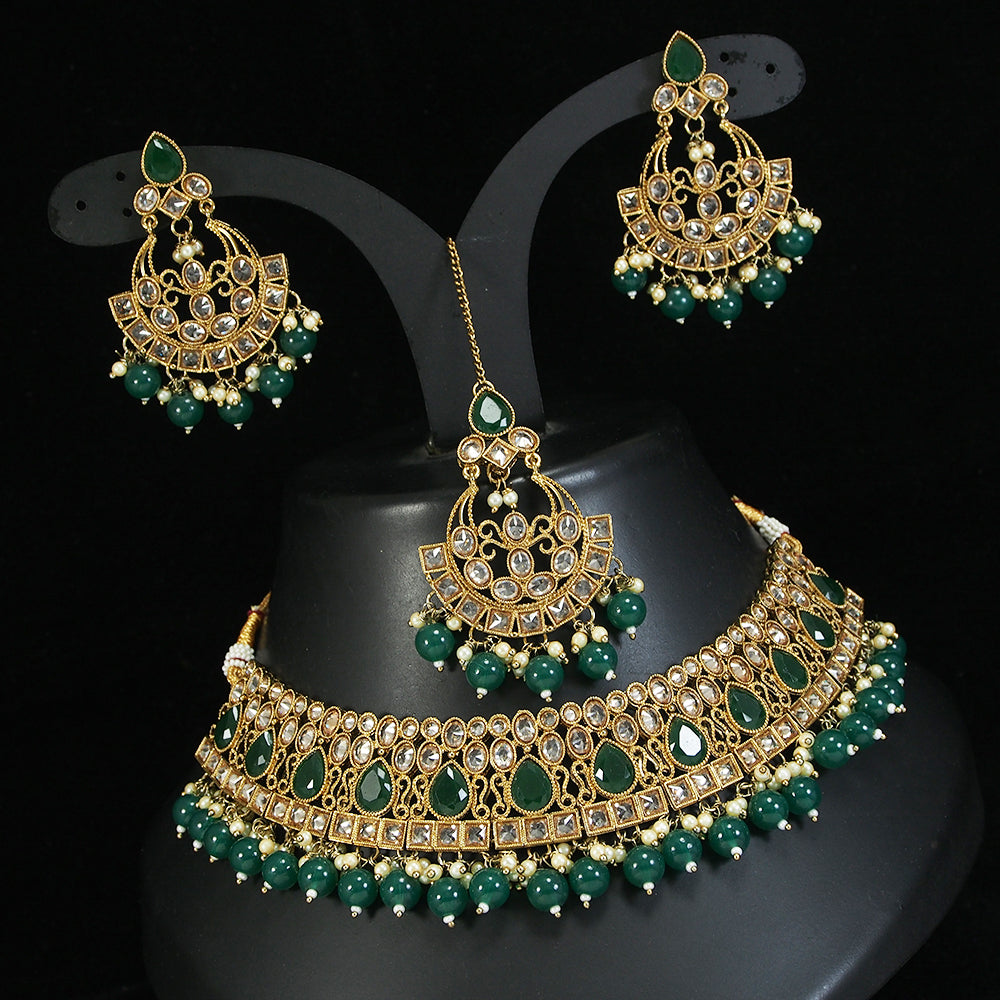 LALSO Designer Mehendi Gold plated AD/Zircon Work Necklace Jewelry Set With Maangtika