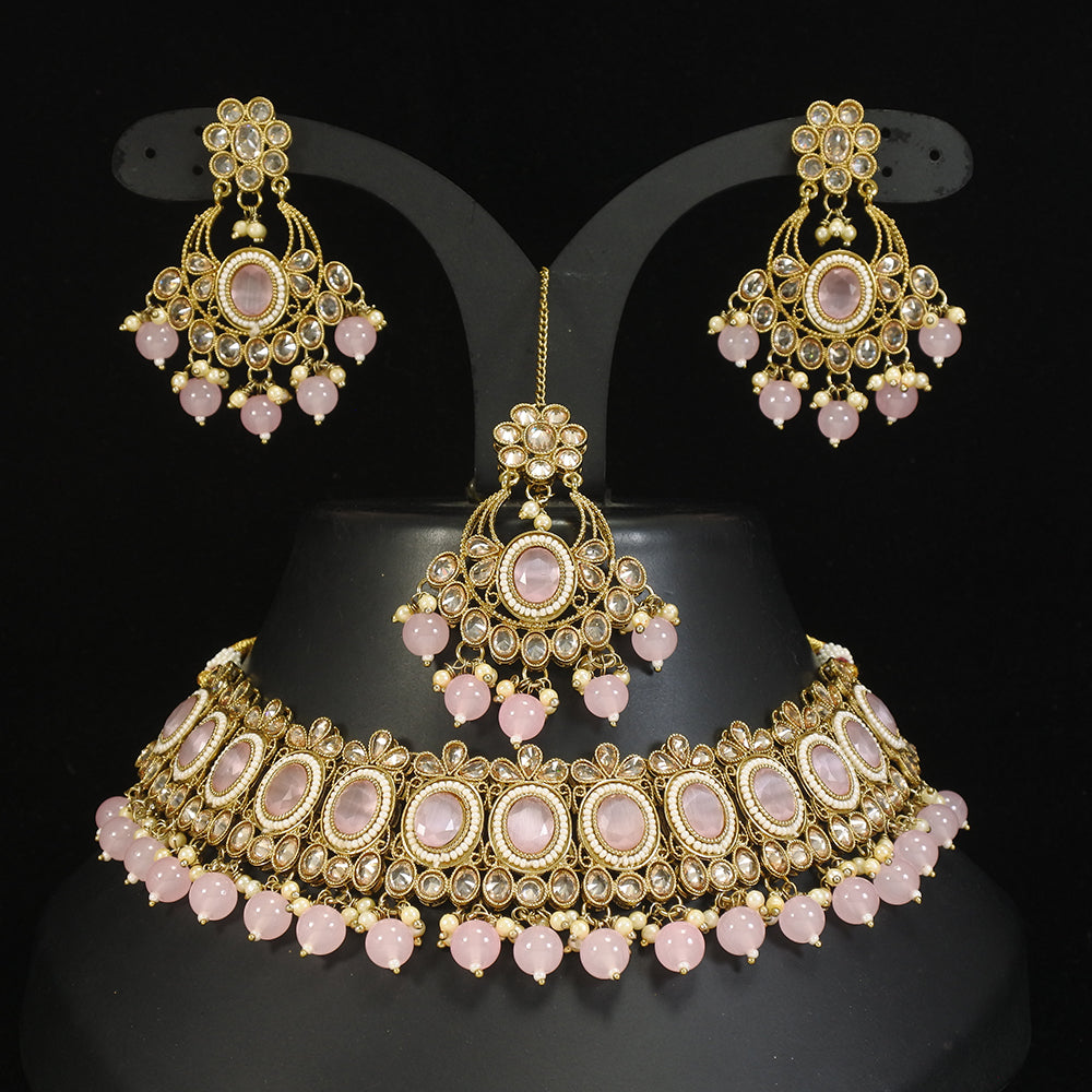 LALSO Designer Mehendi Gold plated AD/Zircon Work Necklace Jewelry Set With Maangtika