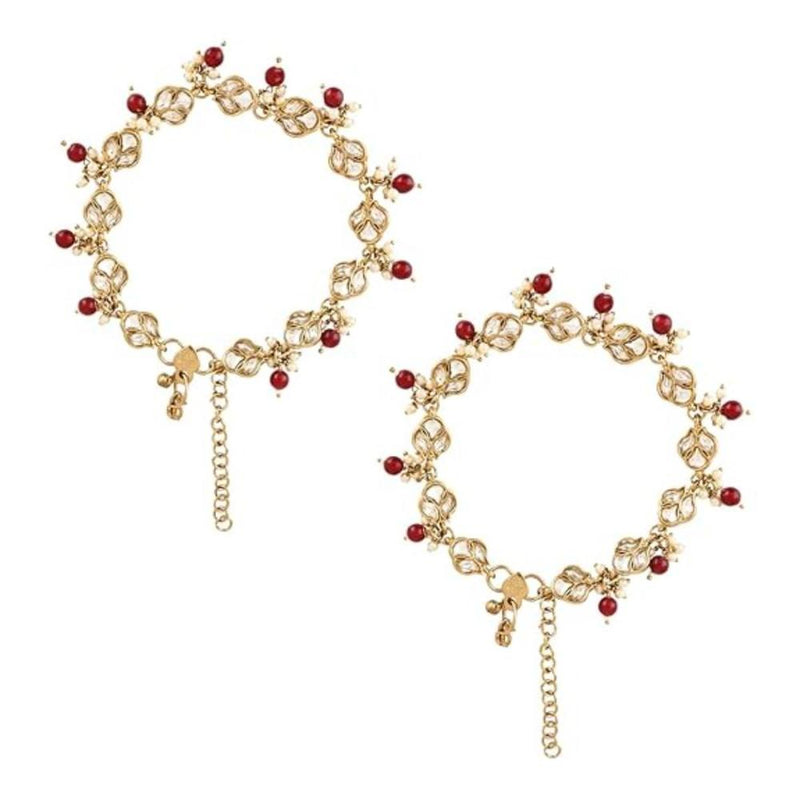 Etnico Traditional Gold Plated Adjustable Kundan Pearl Payal Anklets Jewellery for Women (Maroon)