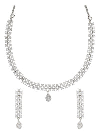 Etnico Stylish Silver Plated Cubic Zirconia American Diamond CZ Valentines Special Chain Necklace With Earrings Set for Women