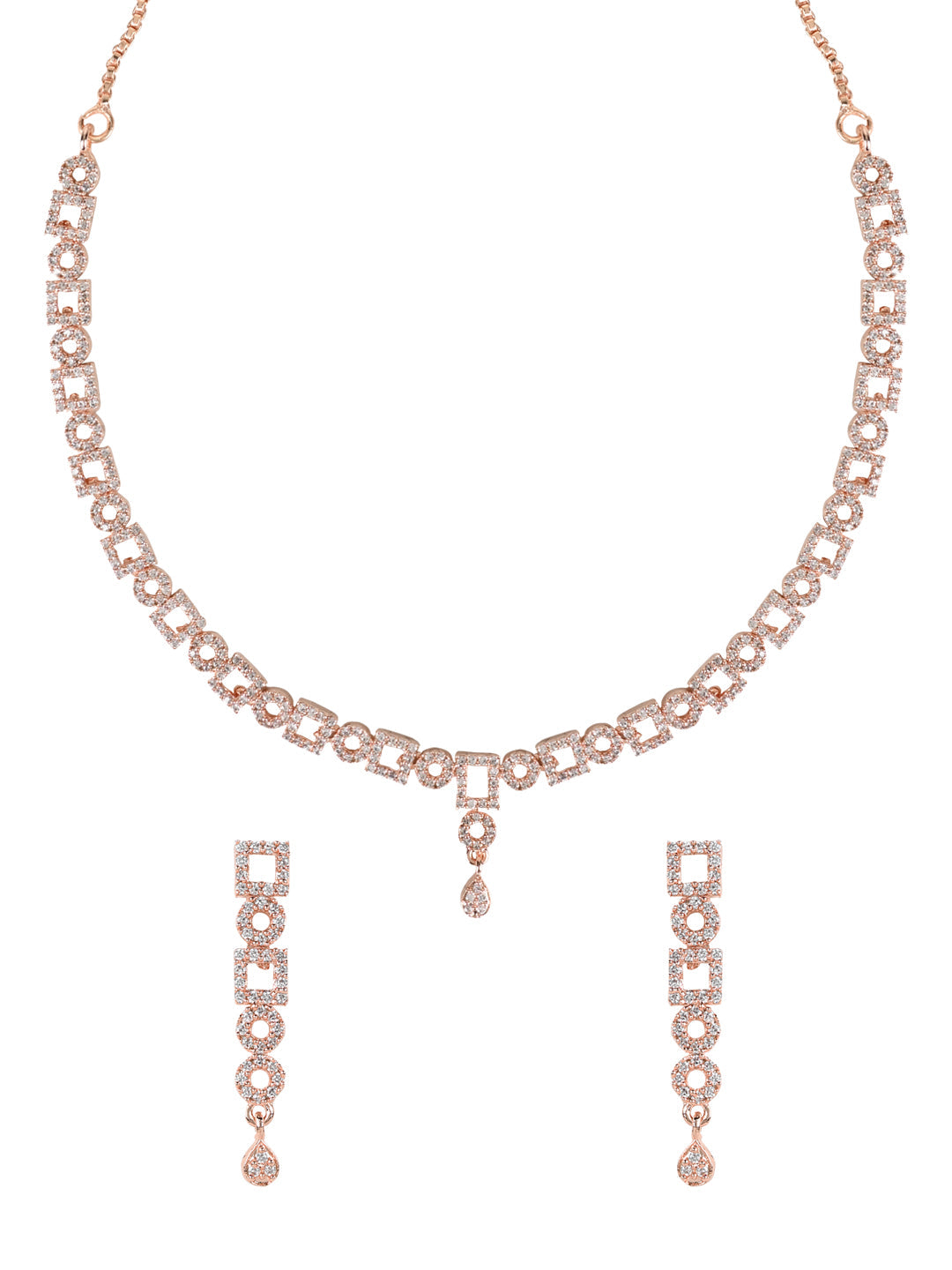 Etnico Rose Gold Plated Cubic Zirconia American Diamond CZ Special Chain Necklace With Earrings Set for Women