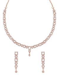 Etnico Rose Gold Plated Cubic Zirconia American Diamond CZ Special Chain Necklace With Earrings Set for Women