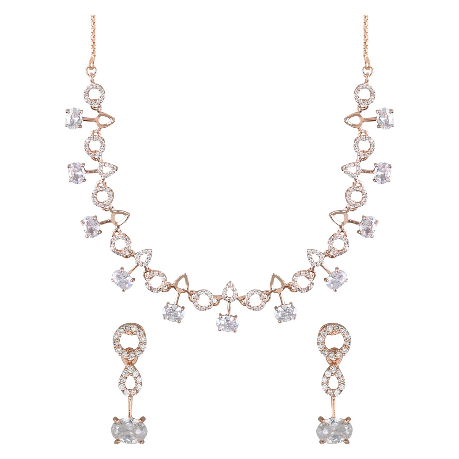 Etnico Rose Gold Plated Cubic Zirconia American Diamond CZ Special Chain Necklace With Earrings Set for Women