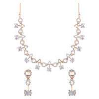Etnico Rose Gold Plated Cubic Zirconia American Diamond CZ Special Chain Necklace With Earrings Set for Women