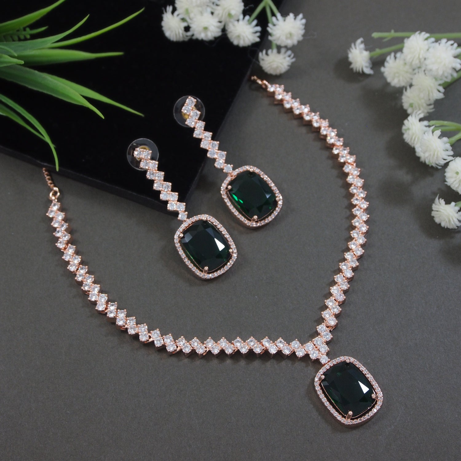 Etnico Womens Rose Gold Plated Cubic Zirconia American Diamond Necklace & Drop Earrings Jewellery Set