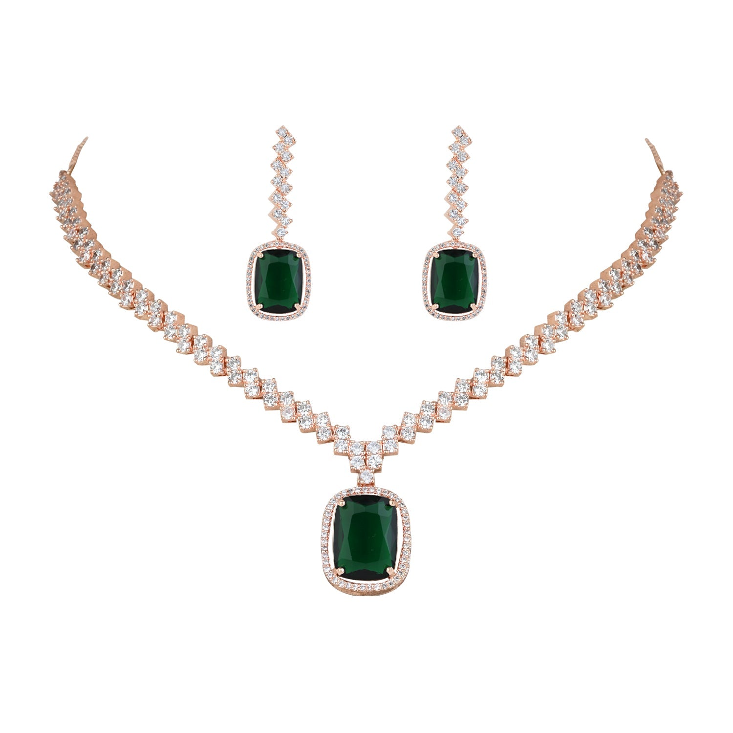 Etnico Womens Rose Gold Plated Cubic Zirconia American Diamond Necklace & Drop Earrings Jewellery Set