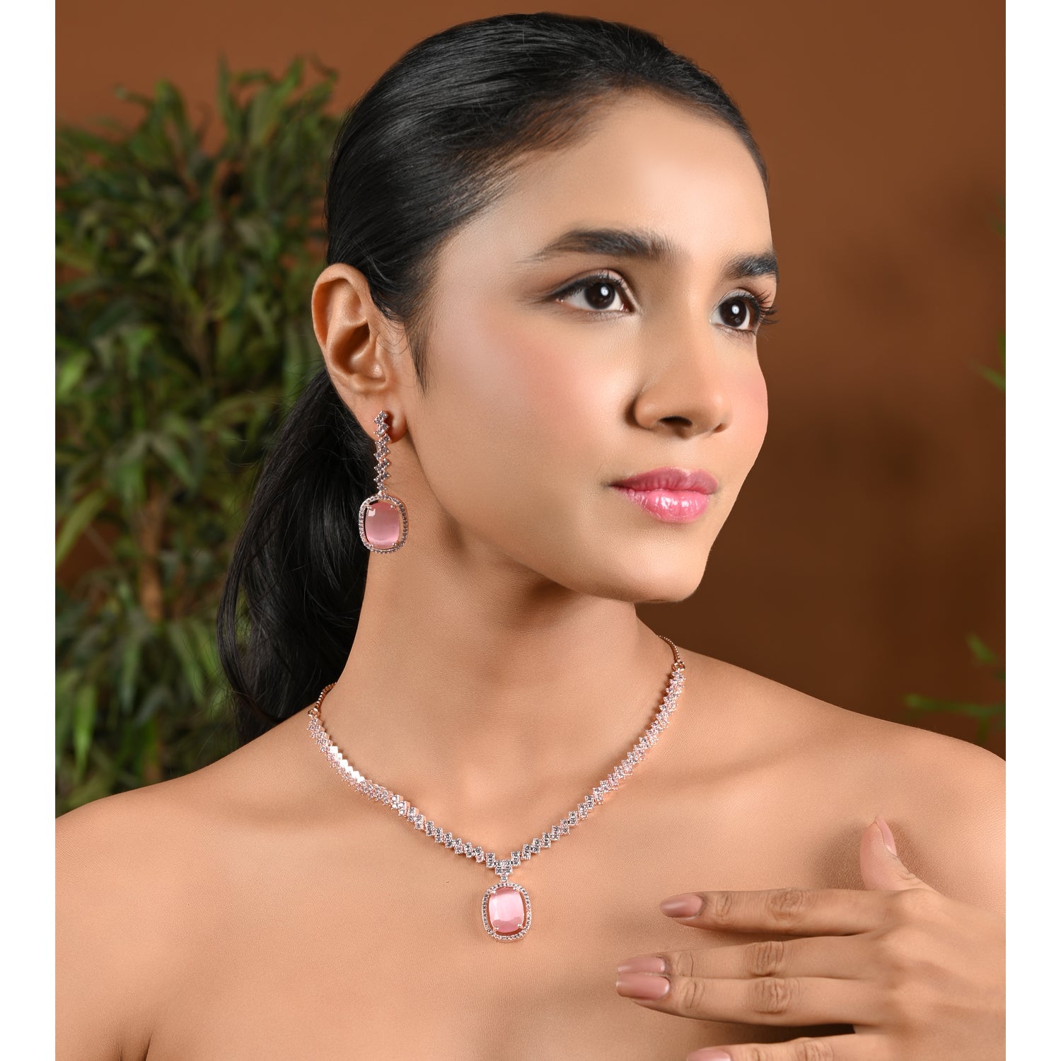Etnico Rose Gold Plated Cubic Zirconia American Diamond Special Necklace With Drop Earrings Jewellery Set for Women