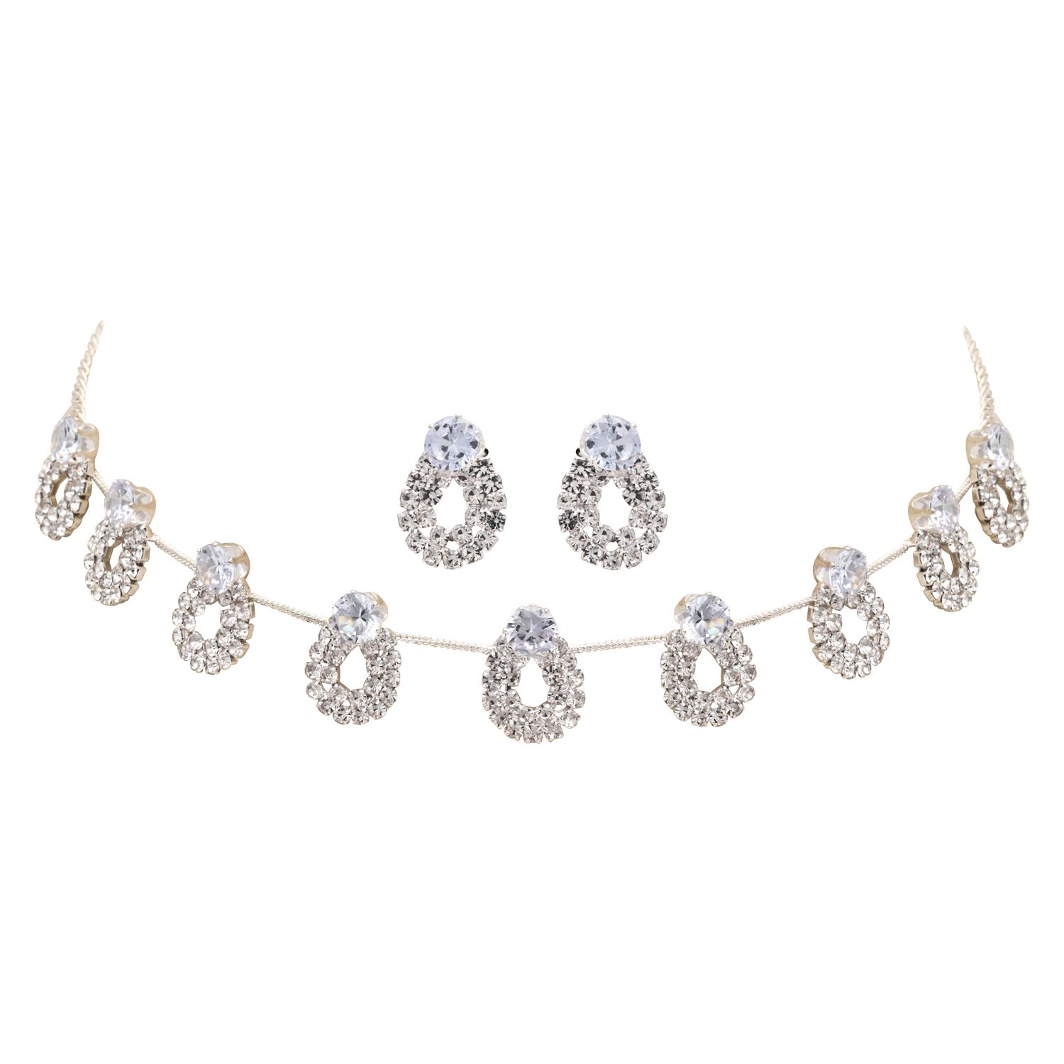 Etnico Silver Plated Cubic Zirconia American Diamond Necklace & Drop Earrings Jewellery Set for Women