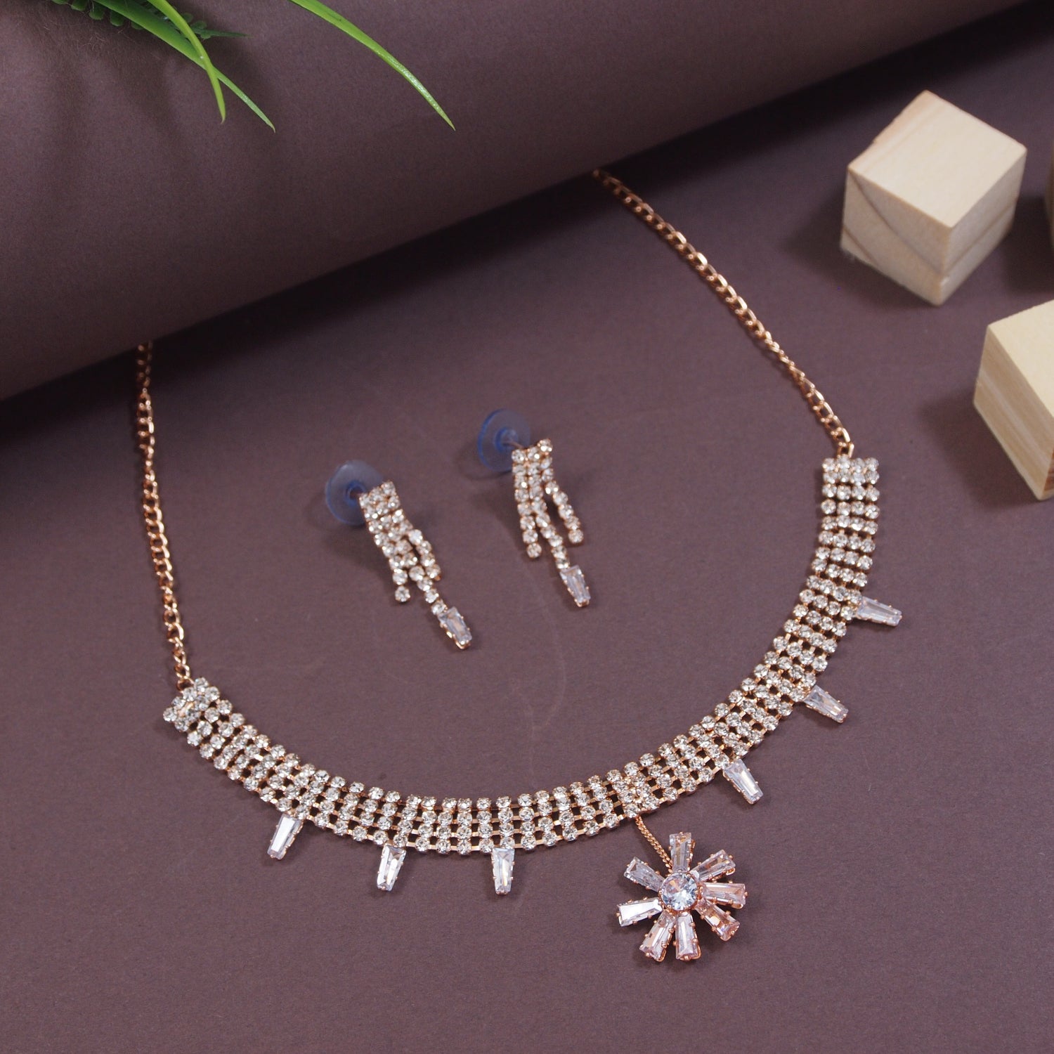 Etnico Rose Gold Plated Cubic Zirconia American Diamond Necklace & Dangle Earrings Jewellery Set for Women