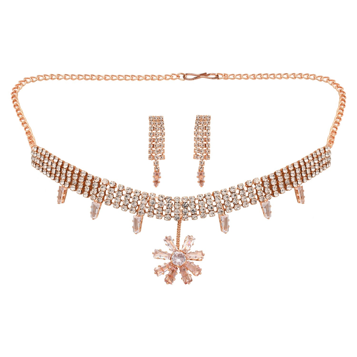 Etnico Rose Gold Plated Cubic Zirconia American Diamond Necklace & Dangle Earrings Jewellery Set for Women