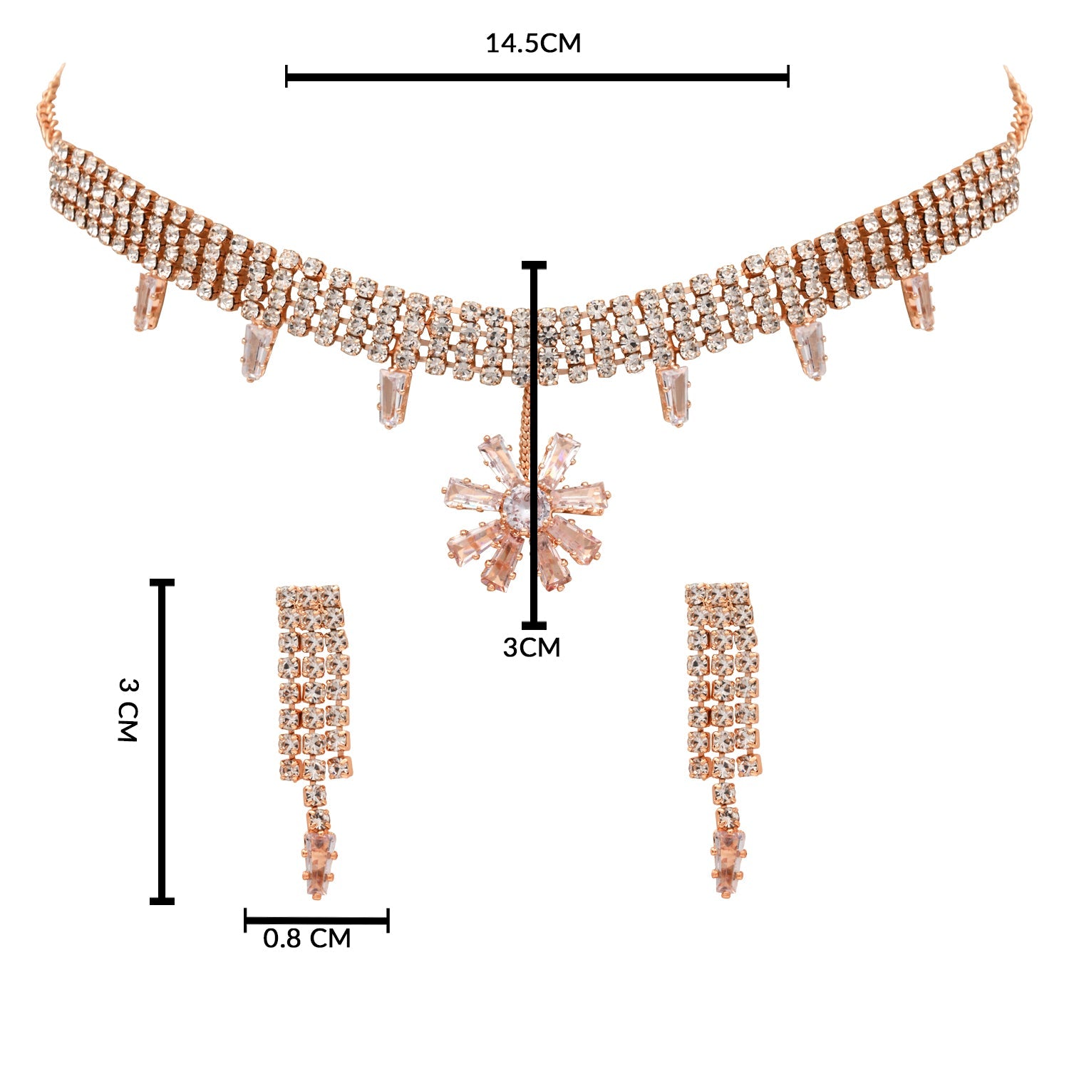 Etnico Rose Gold Plated Cubic Zirconia American Diamond Necklace & Dangle Earrings Jewellery Set for Women