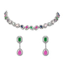 Etnico Silver Plated Cubic Zirconia American Diamond Necklace & Earrings Jewellery Set for Women