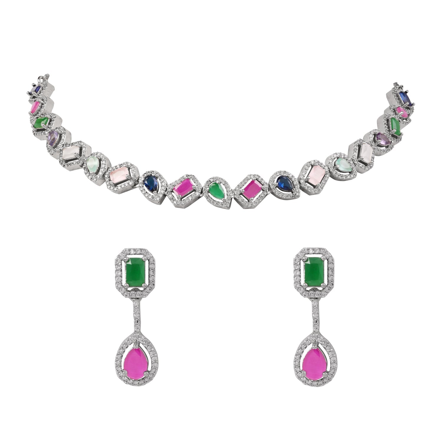 Etnico Silver Plated Cubic Zirconia American Diamond Necklace & Earrings Jewellery Set for Women