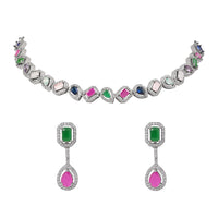 Etnico Silver Plated Cubic Zirconia American Diamond Necklace & Earrings Jewellery Set for Women