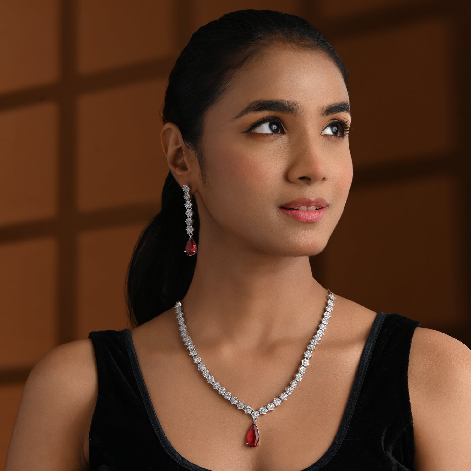 Etnico Silver Plated Cubic Zirconia American Diamond Necklace & Earrings Jewellery Set for Women