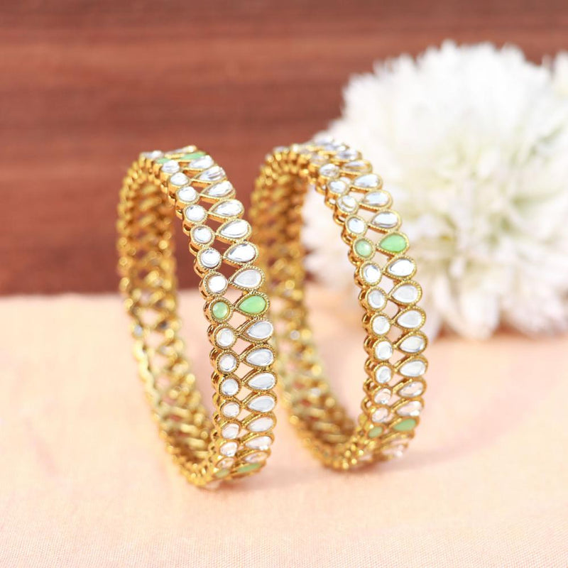 Etnico Gold Plated Plated Light Weight Traditional Kundan Studded Kada Bangles for Women (ADB323Min-a) (Set of 2)