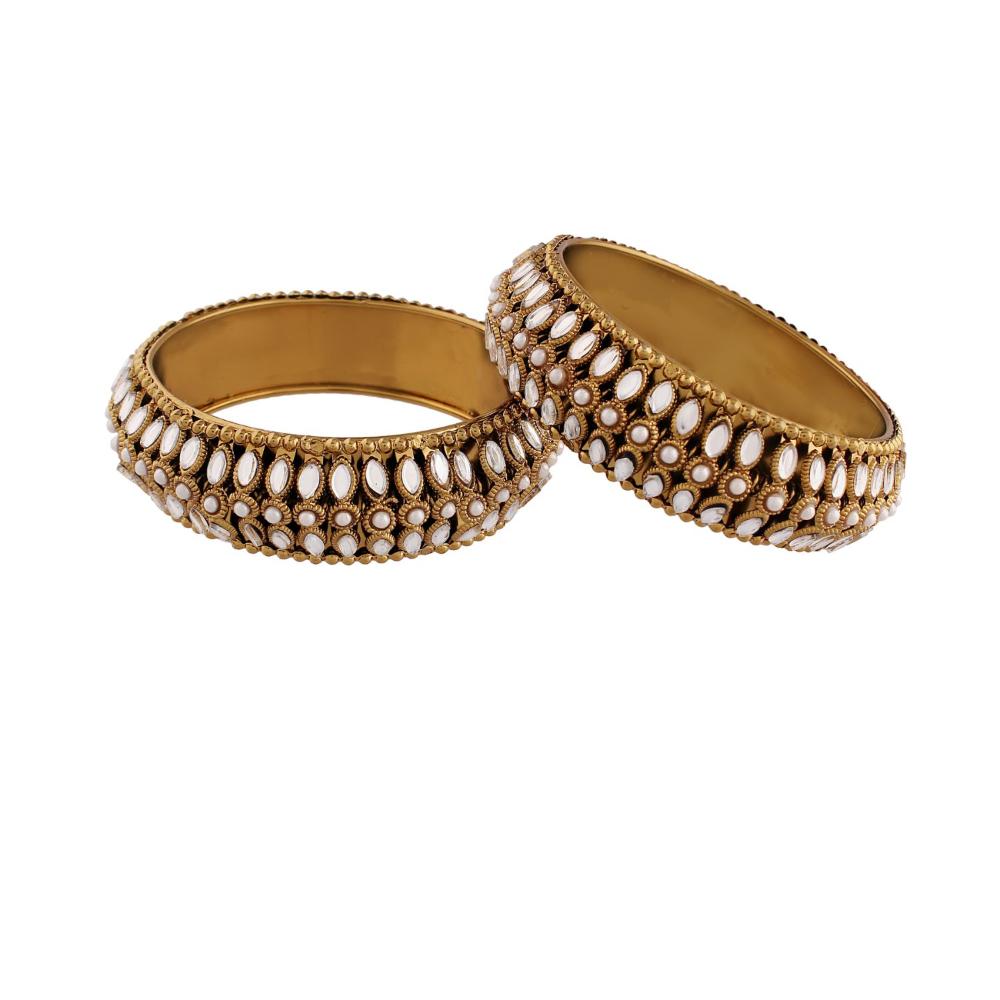 Etnico Gold Plated Light Weight Traditional Stylish Pearl Kundan Studded Kada Bangles for Women (Pack of 2) (ADB428FL-a)