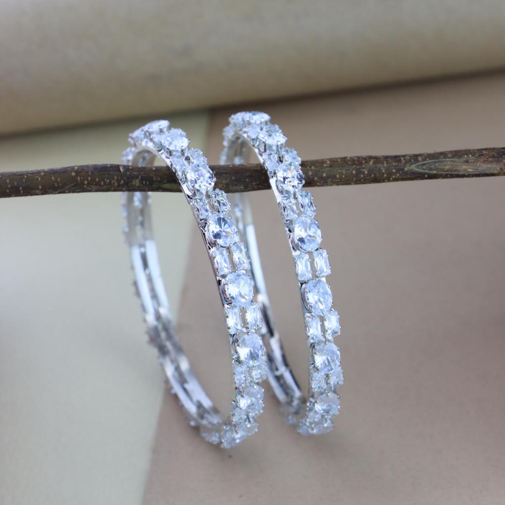 Etnico Silver Plated Thick Brass Bangles Encased With CZ American Diamonds For Women/Girls (ADB459S) (Set of 2)
