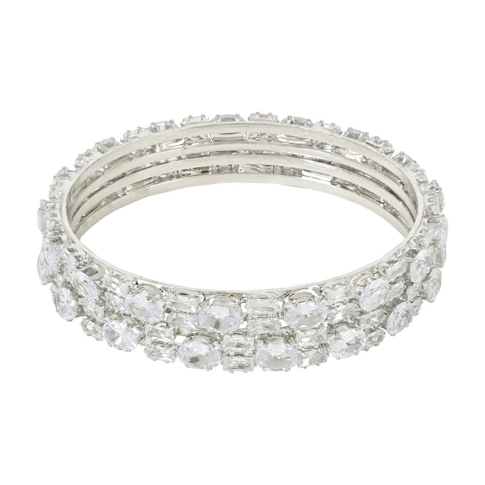 Etnico Silver Plated Thick Brass Bangles Encased With CZ American Diamonds For Women/Girls (ADB459S) (Set of 2)