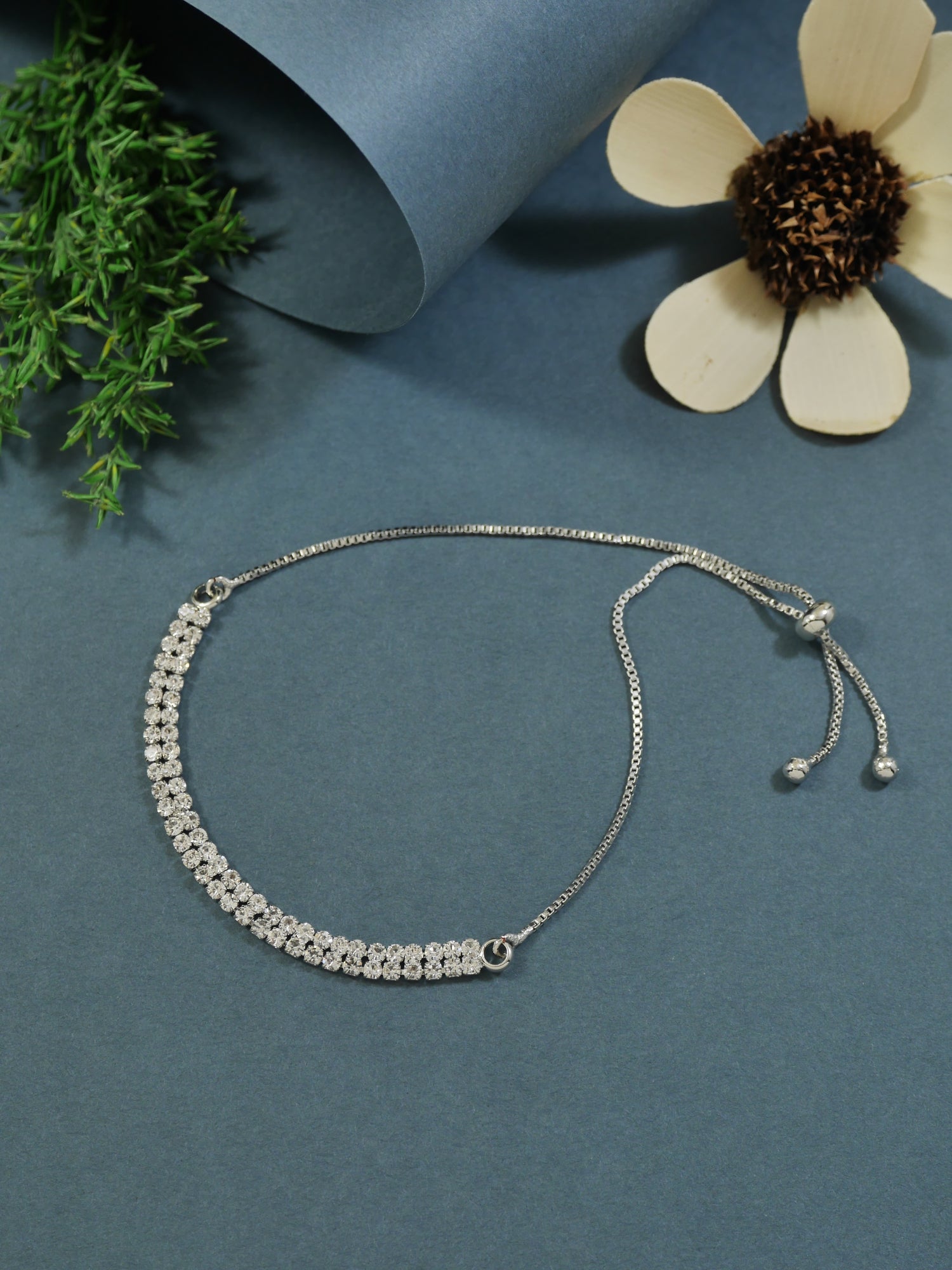 Etnico Stylish Silver Plated Cubic Zirconia American Diamond Adjustable Bracelet For Women