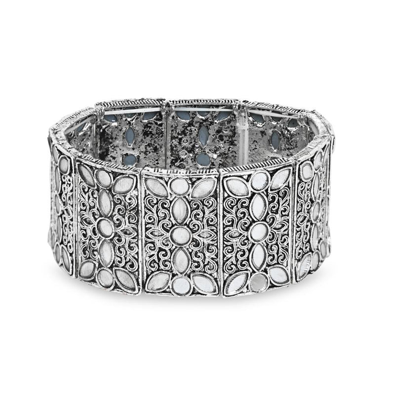 Etnico Silver Oxidised Afghani Traditional Mirror Work Stretch Bracelet For Women (ADB500OX)