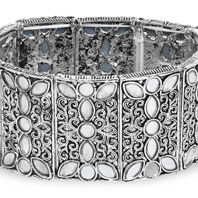 Etnico Silver Oxidised Afghani Traditional Mirror Work Stretch Bracelet For Women (ADB500OX)