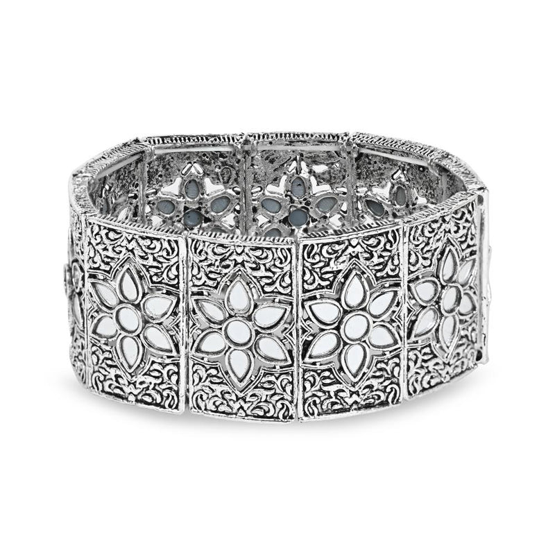 Etnico Silver Oxidised Afghani Traditional Mirror Work Stretch Bracelet For Women (ADB501OX)