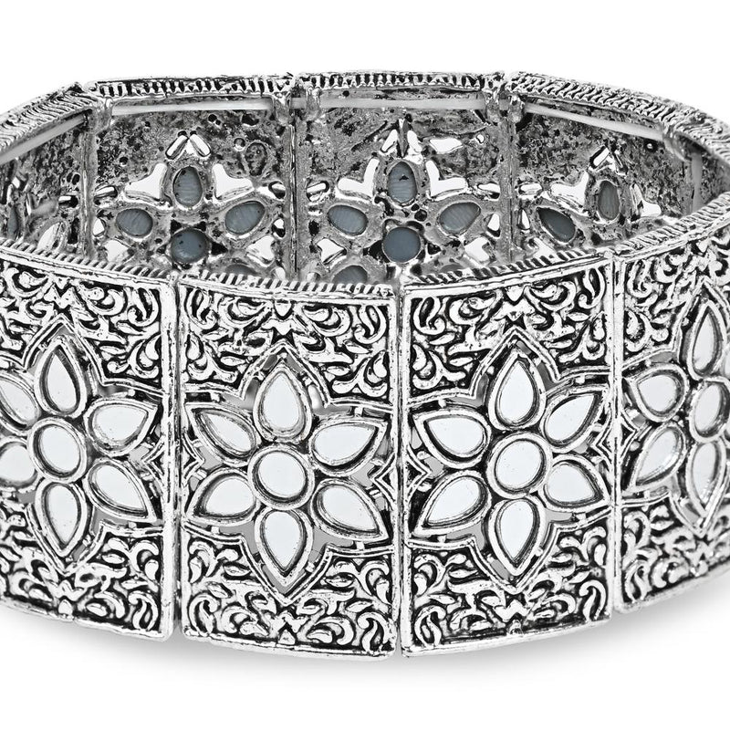 Etnico Silver Oxidised Afghani Traditional Mirror Work Stretch Bracelet For Women (ADB501OX)