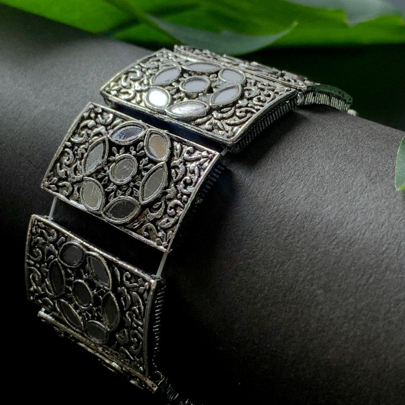 Etnico Silver Oxidised Afghani Traditional Mirror Work Stretch Bracelet For Women (ADB502OX)