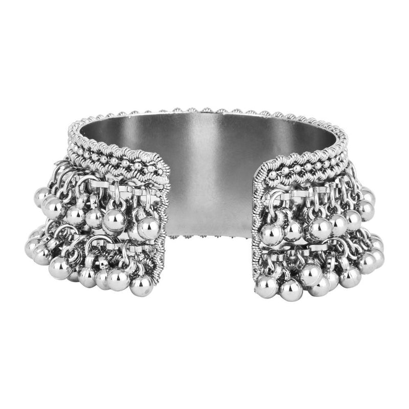 Etnico Silver Oxidised Afghani Ghungroo & Mirror Work Adjustable Cuff Kada Bracelet For Women (ADB519OX)