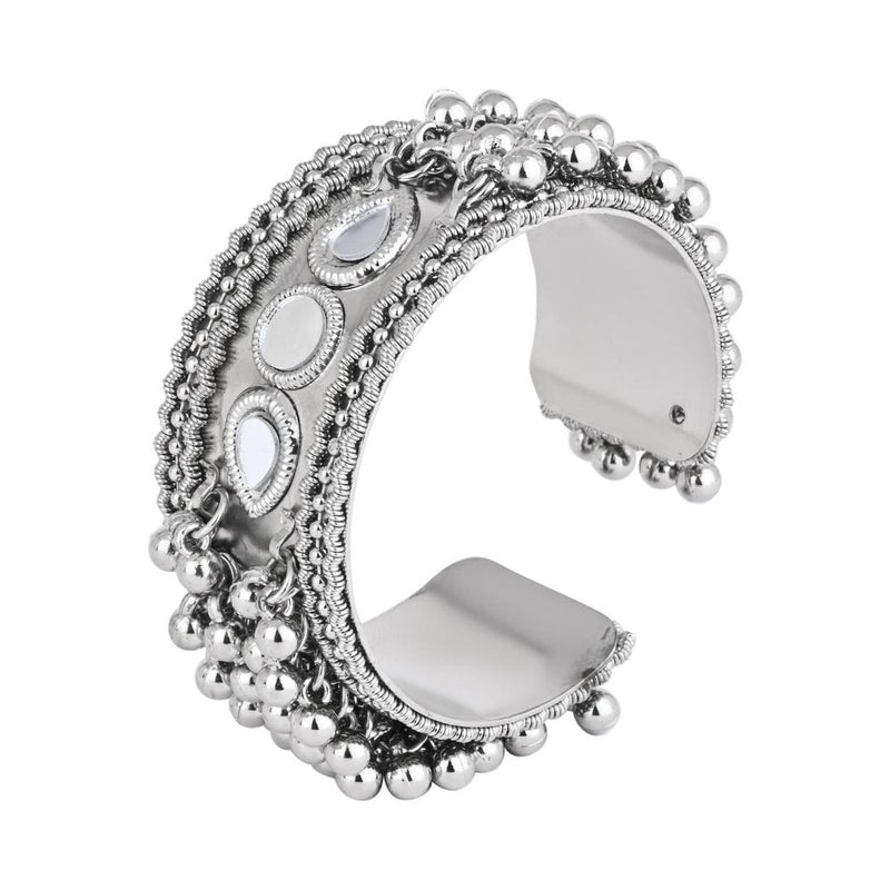 Etnico Silver Oxidised Afghani Ghungroo & Mirror Work Adjustable Cuff Kada Bracelet For Women (ADB519OX)