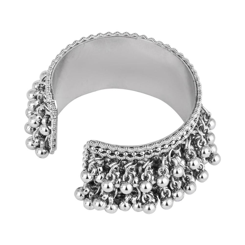 Etnico Silver Oxidised Afghani Ghungroo & Mirror Work Adjustable Cuff Kada Bracelet For Women (ADB519OX)