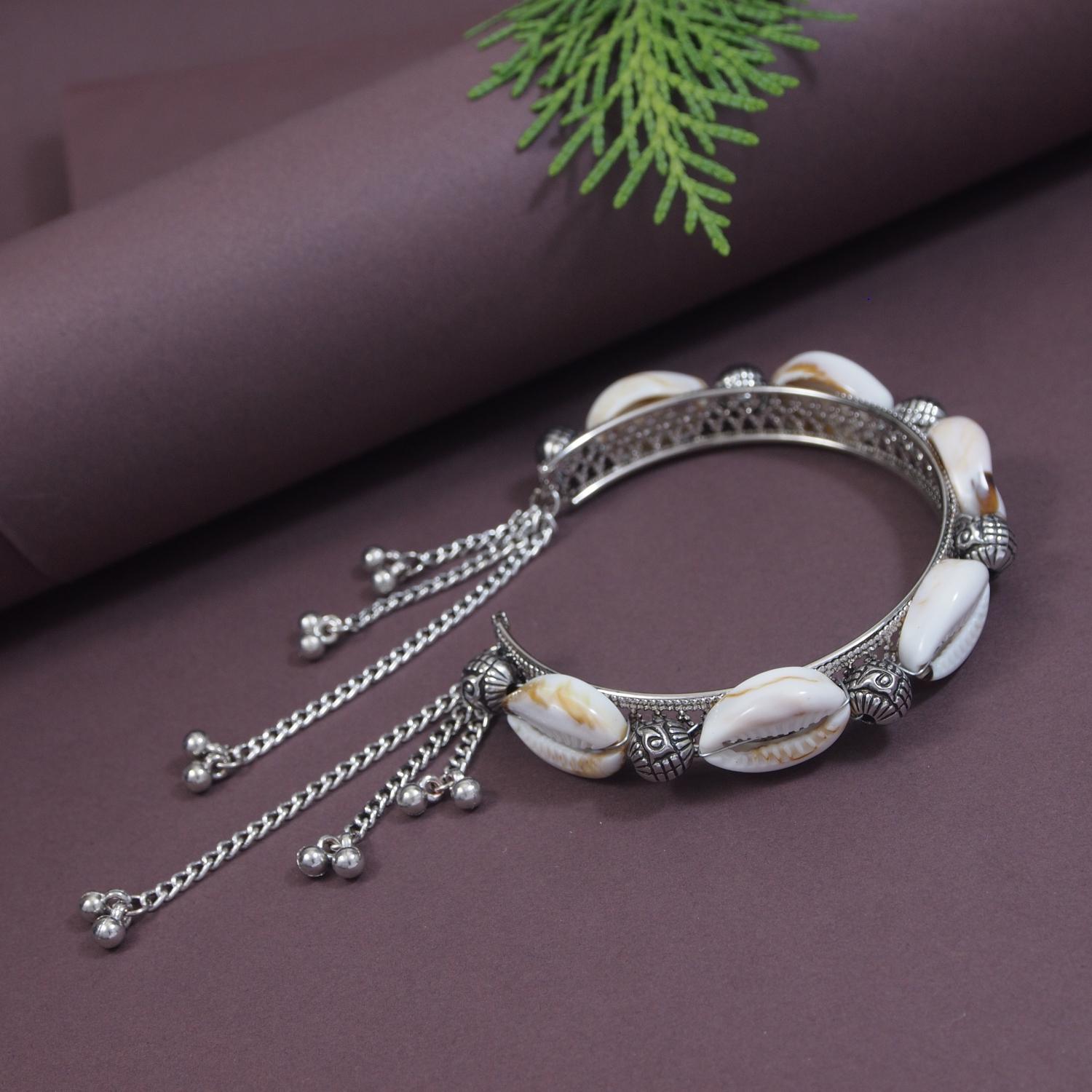 Etnico Navratri Ethnic Silver Oxidised Afghani Boho Cowrie Shell Adjustable Cuff Kada Bracelet For Women