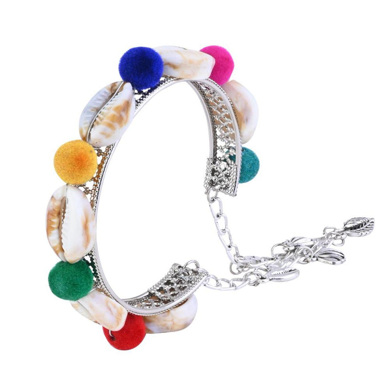 Etnico Silver Oxidised Colorful Pom-Pom & Cowrie Shell Adjustable Cuff Kada Bracelet For Women (ADB525OX)