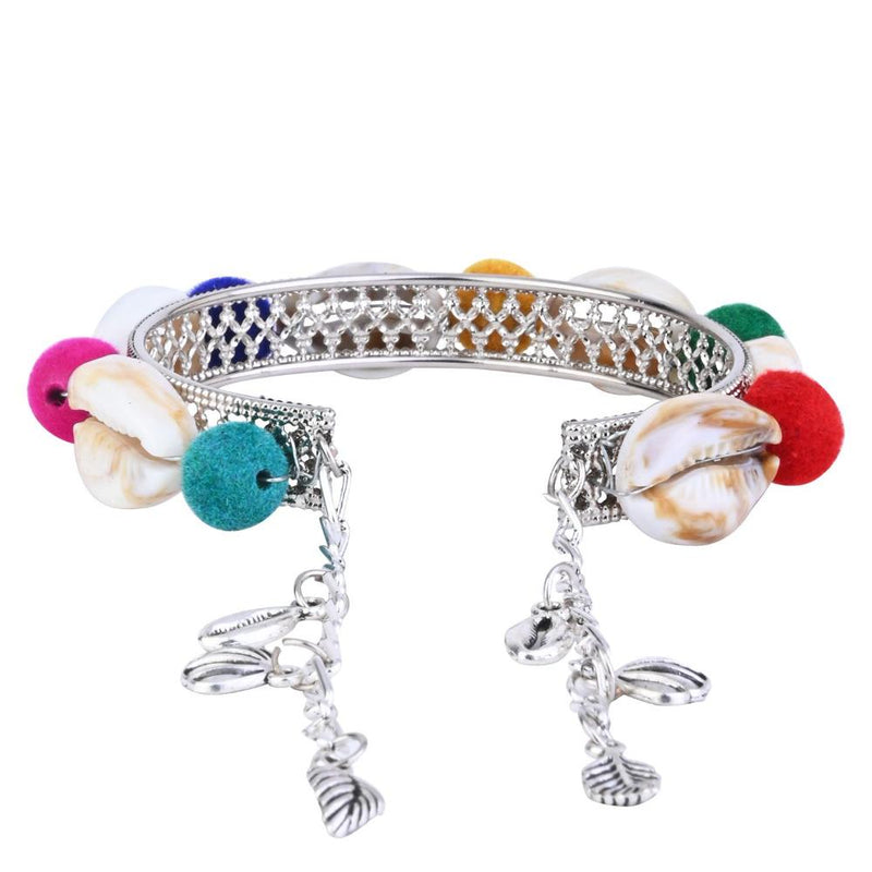 Etnico Silver Oxidised Colorful Pom-Pom & Cowrie Shell Adjustable Cuff Kada Bracelet For Women (ADB525OX)